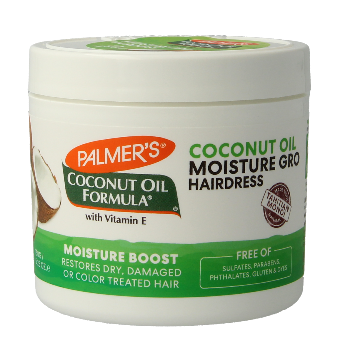 Palmers Coconut Oil Formula Moisture Boost hair care pot, 150g, with a creamy coconut oil texture for nourishing hair treatment.