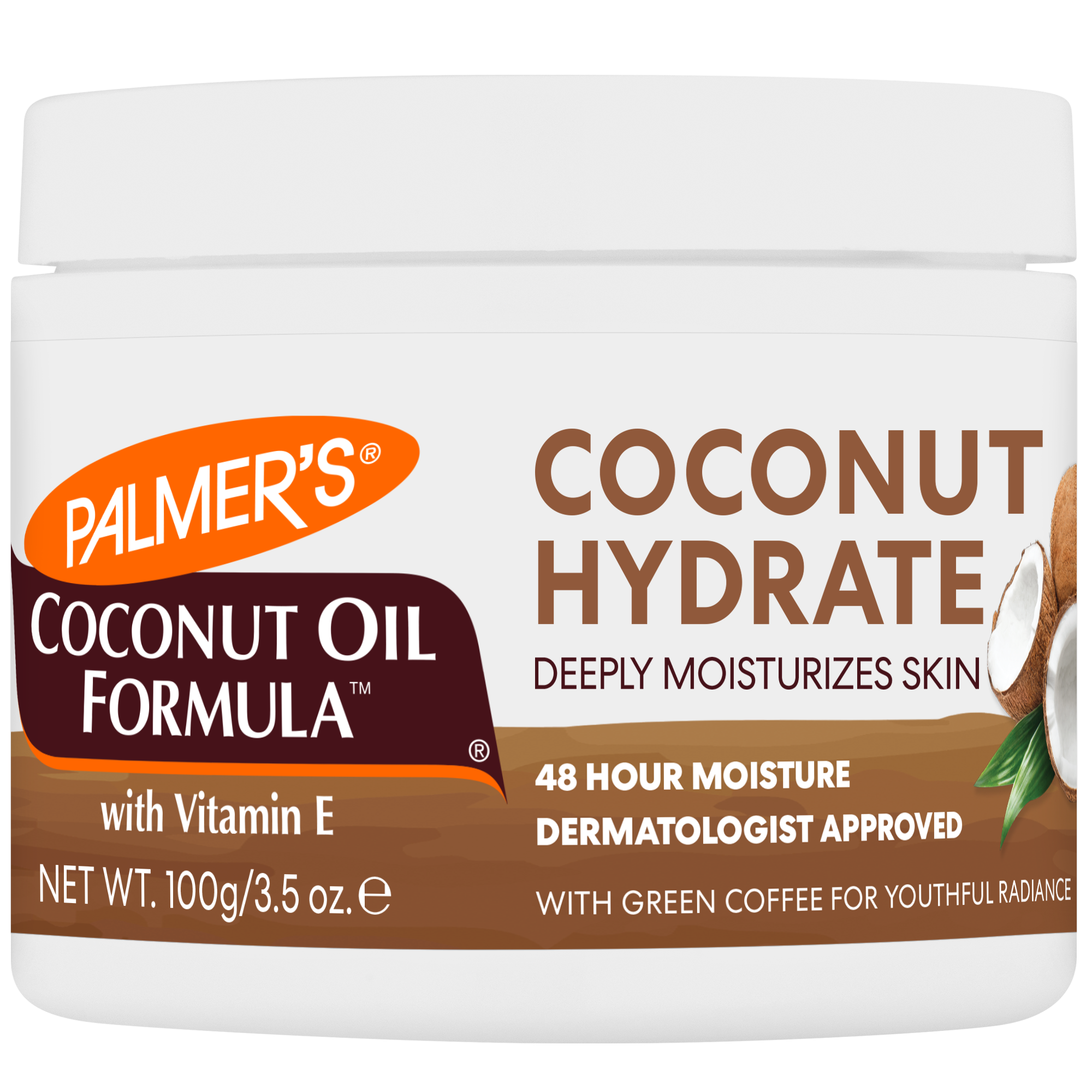 Palmers Coconut Butter Balm pot for body care, 100g, showing a creamy coconut-scented moisturizer in a white jar.