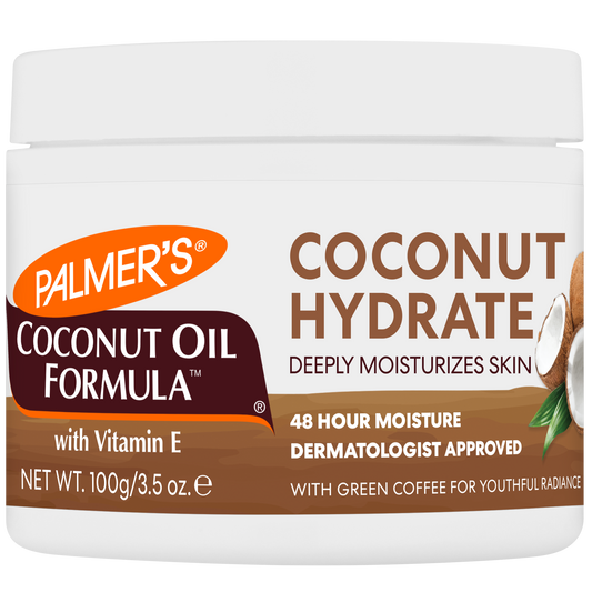 Palmers Coconut Butter Balm pot for body care, 100g, showing a creamy coconut-scented moisturizer in a white jar.