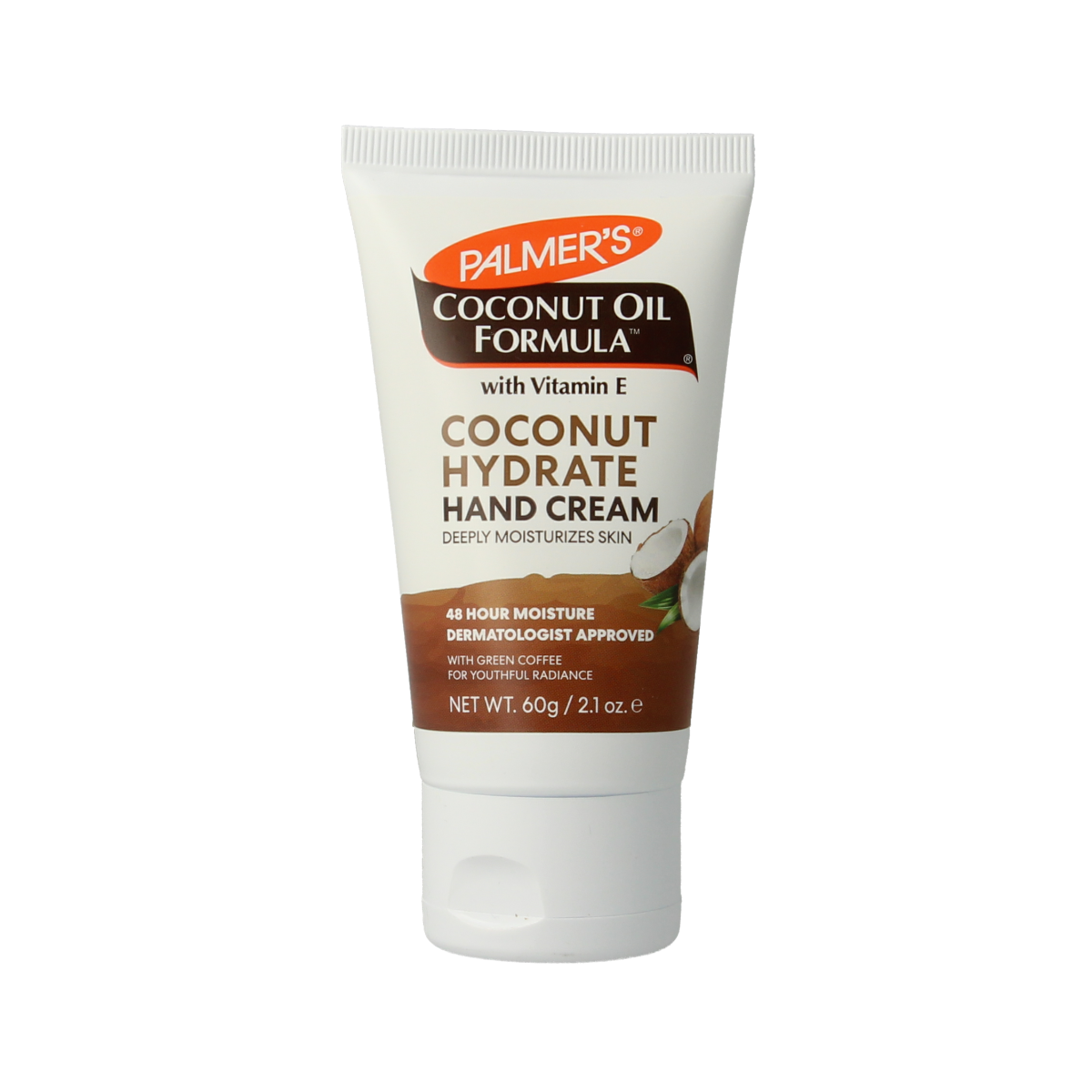 Palmers Coconut Oil hand cream tube, 60g, moisturizing body care product with coconut oil for smooth, healthy skin.