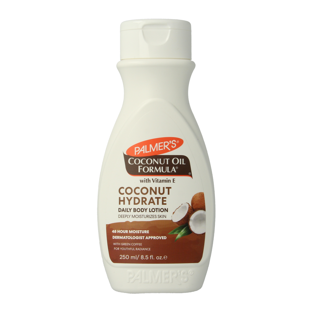 Palmers Coconut Oil Formula Body Lotion in 250ml bottle, smooth, hydrating body moisturizer with coconut oil for soft skin.