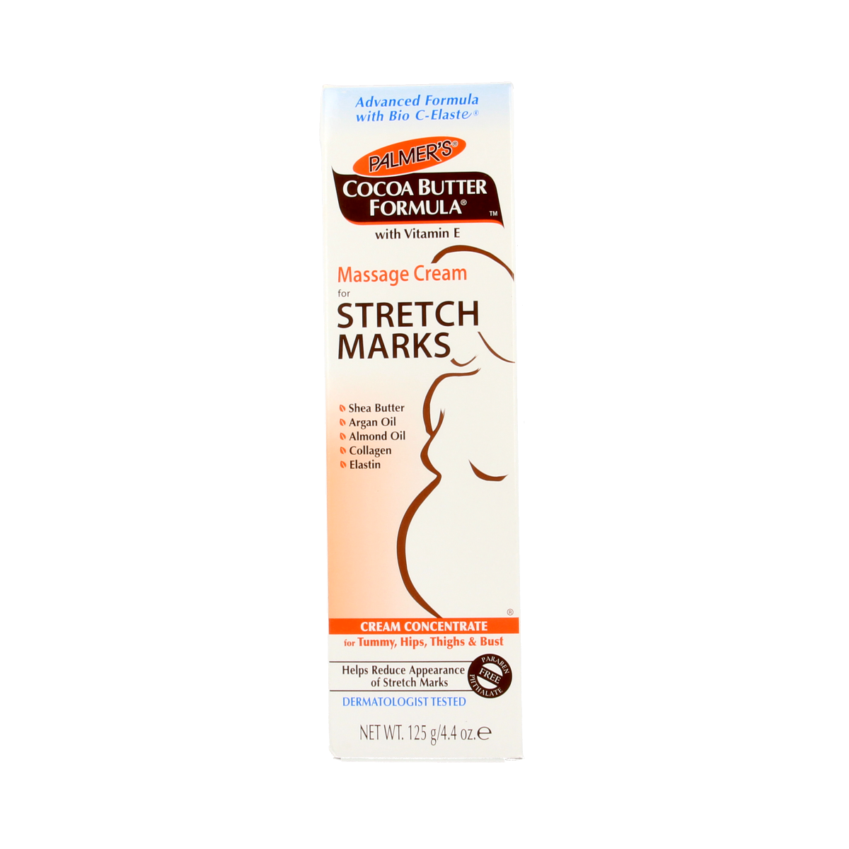 Palmers Cocoa Body Formula massage cream for striae, 125g, featuring rich cocoa butter for skin nourishment and smoothness.