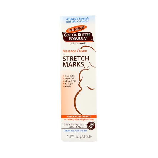 Palmers Cocoa Body Formula massage cream for striae, 125g, featuring rich cocoa butter for skin nourishment and smoothness.