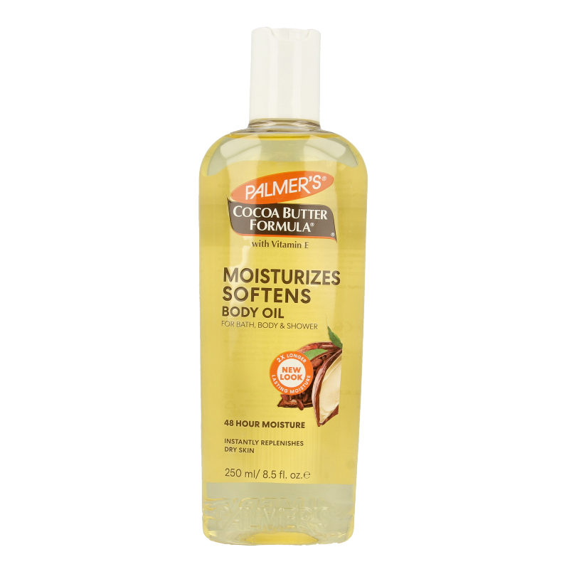 Palmers Cocoa Butter Formula moisturizing body oil in 250ml bottle, smooth and nourishing body care product.