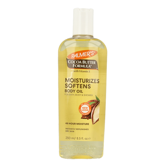 Palmers Cocoa Butter Formula moisturizing body oil in 250ml bottle, smooth and nourishing body care product.