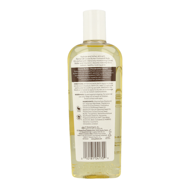Palmers Cocoa Butter Formula moisturizing body oil in 250ml bottle, smooth and nourishing body care product.