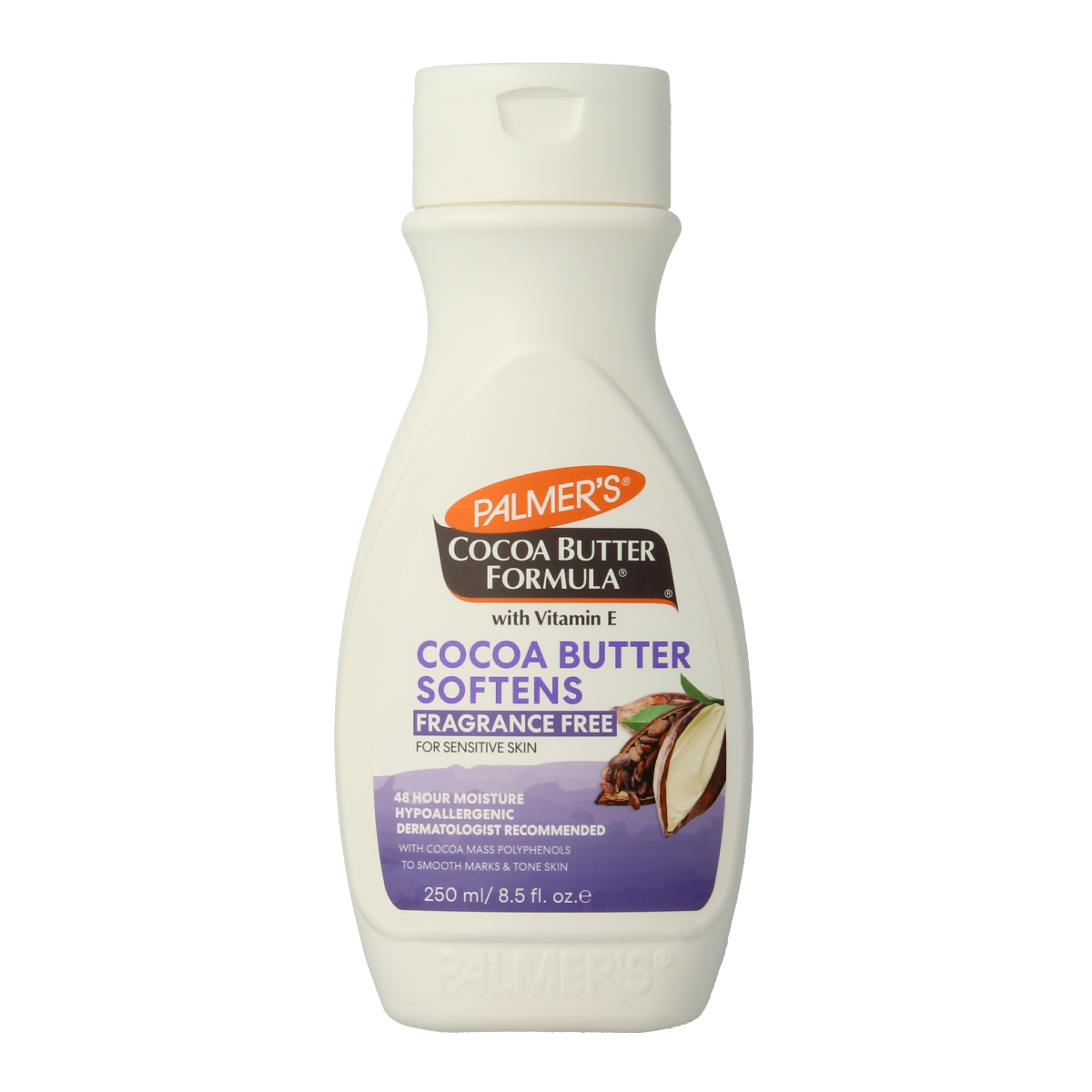 Palmers Cocoa Butter Formula Lotion geurvrij in 250ml container, moisturizing body care product with smooth texture.