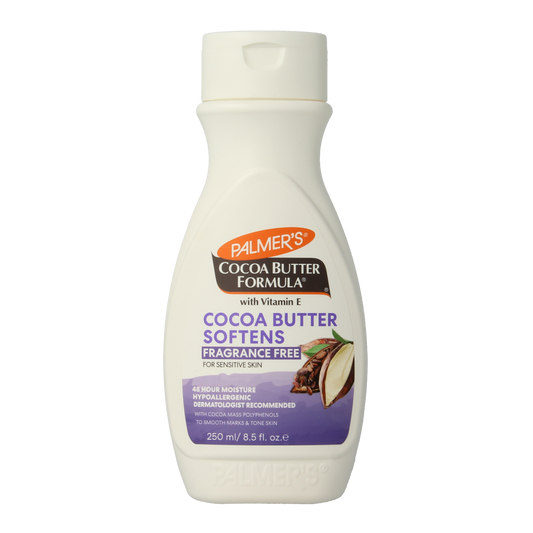 Palmers Cocoa Butter Formula Lotion geurvrij in 250ml container, moisturizing body care product with smooth texture.