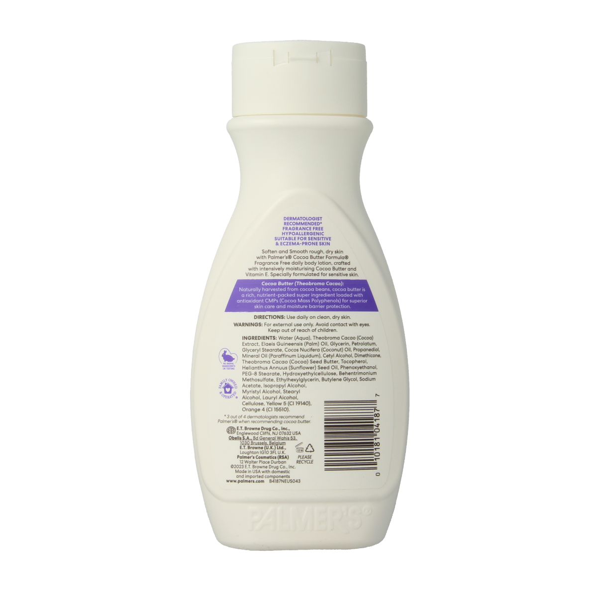 Palmers Cocoa Butter Formula Lotion geurvrij in 250ml bottle, moisturizing body lotion for smooth skin.