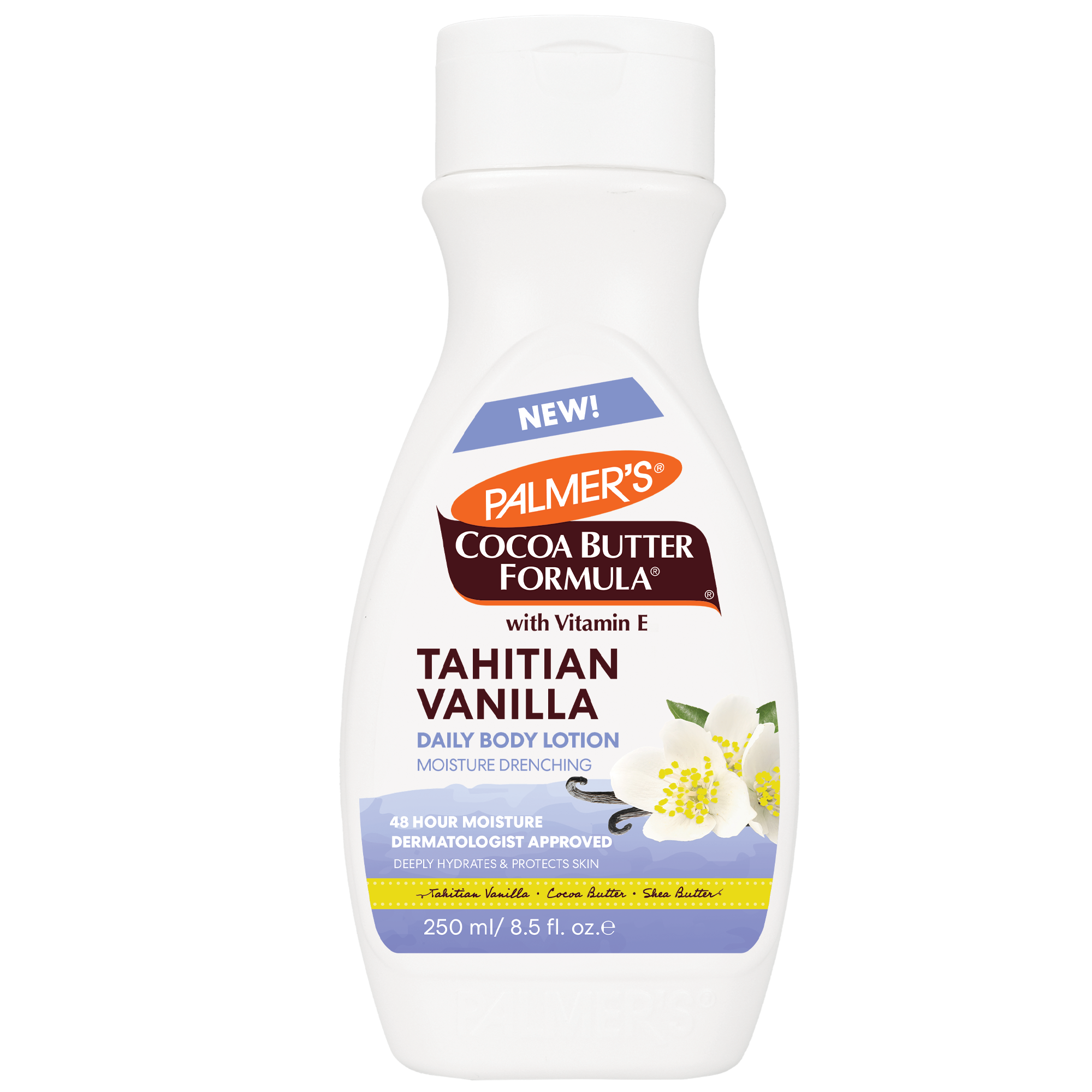Palmers Cocoa Butter Formula Tahitian Vanilla body lotion in 250ml bottle, showing the creamy moisturizer with vanilla scent.