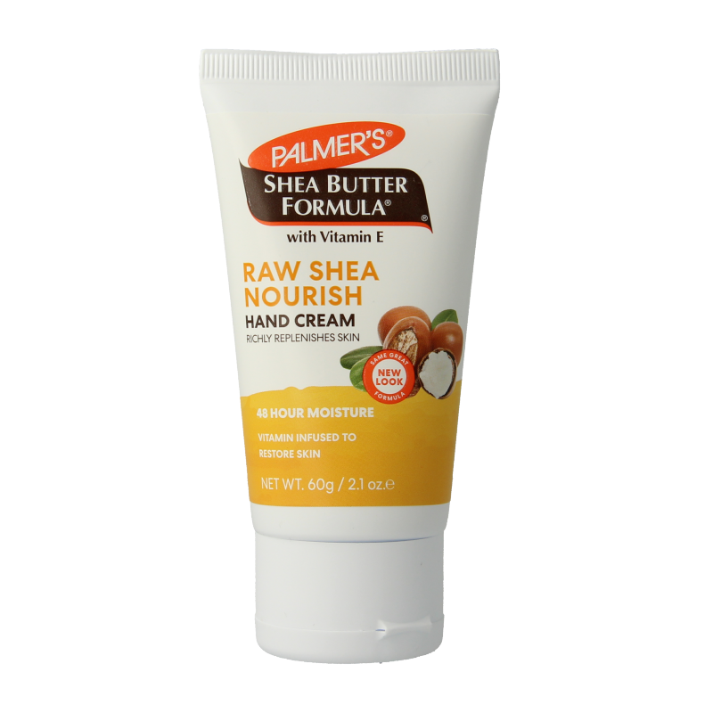 Palmers Shea formula raw shea hand cream in a 60g tube, moisturizing and nourishing skin with natural shea butter.