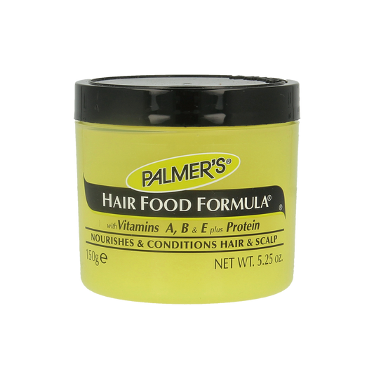 Palmer's Hair Food formula pot, 150g, with natural ingredients for nourishing and conditioning hair, shown in the image.