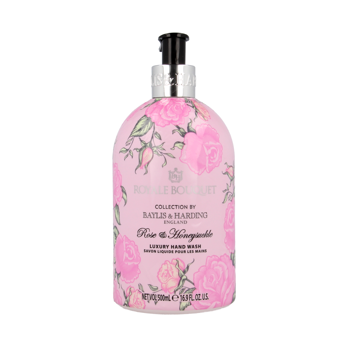 Baylis & Harding Royale bouquet hand soap with rose and honeysuckle scent in a 500ml bottle, featuring elegant floral packaging.