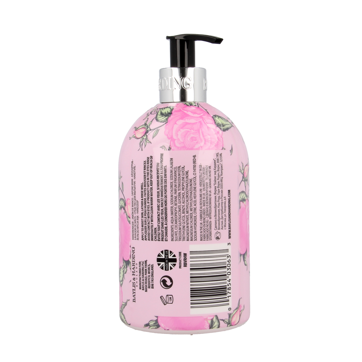 Baylis & Harding Royale bouquet hand soap with rose and honeysuckle scent, 500ml bottle, elegant floral design.