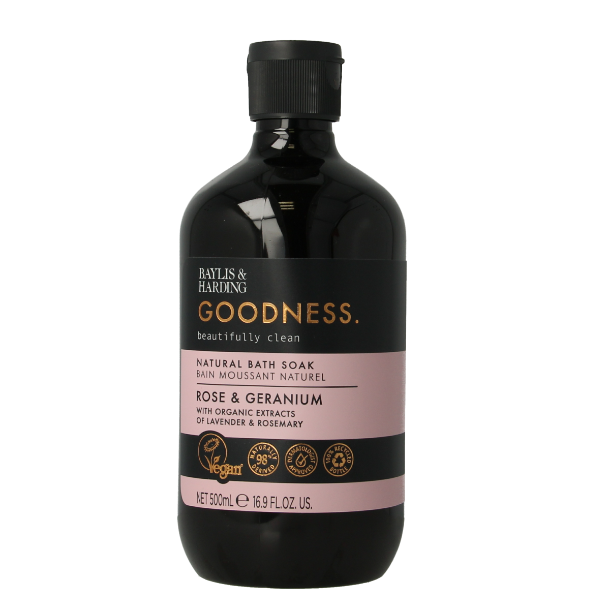 Baylis & Harding rose and geranium bath soak in 500ml bottle, suitable for bath and shower use, with floral scent and gentle formula.