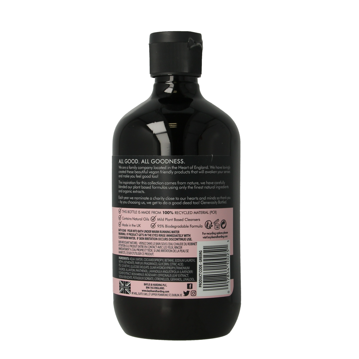 Baylis & Harding rose and geranium bath soak in a 500ml bottle, ideal for relaxing baths and skin nourishment.