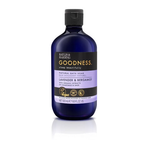 Baylis & Harding Goodness Sleep bath soak with lavender and bergamot in a 500ml bottle, ideal for relaxing bath or shower.