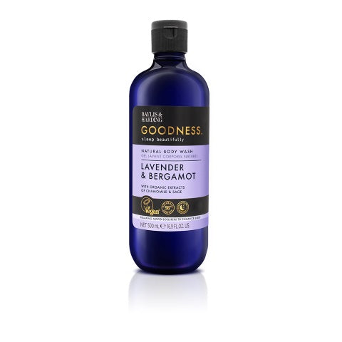 Baylis & Harding Goodness Body Wash Sleep with lavender and bergamot, 500ml bottle, creamy lather for relaxing shower.