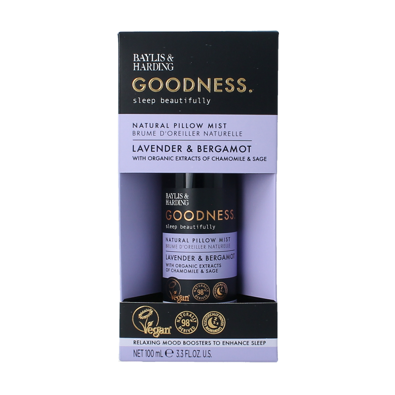 Baylis & Harding Goodness Sleep Pillow Mist with lavender and bergamot essential oils, 100ml, in a clear spray bottle.