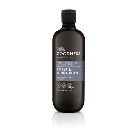 Baylis & Harding Goodness men's amber and tonka bean shower gel in a 500ml bottle, displayed with a pump dispenser.