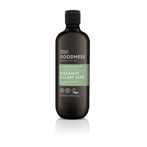 Baylis & Harding Goodness men shower gel with bergamot and clary sage, 500ml bottle, featuring a sleek design and product label.