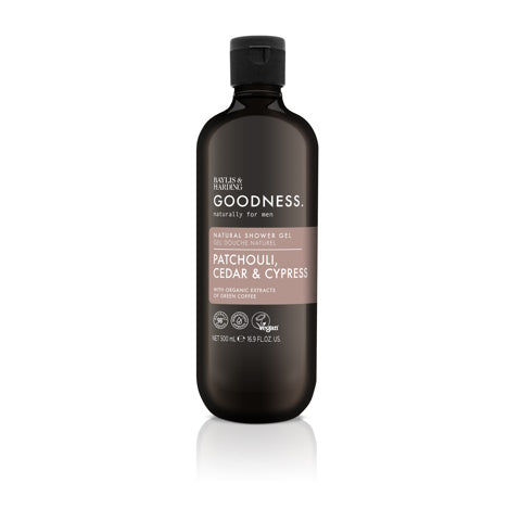 Baylis & Harding Goodness men's shower gel with patchouli, cedar, and cypress in a 500ml bottle.