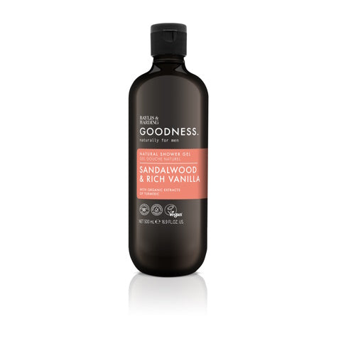 Baylis & Harding Goodness men's shower gel with sandalwood and vanilla scent, 500ml bottle with pump dispenser.