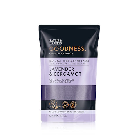 Baylis & Harding Goodness lavender and bergamot bath salts in a 1kg bag, designed for a relaxing bath experience.