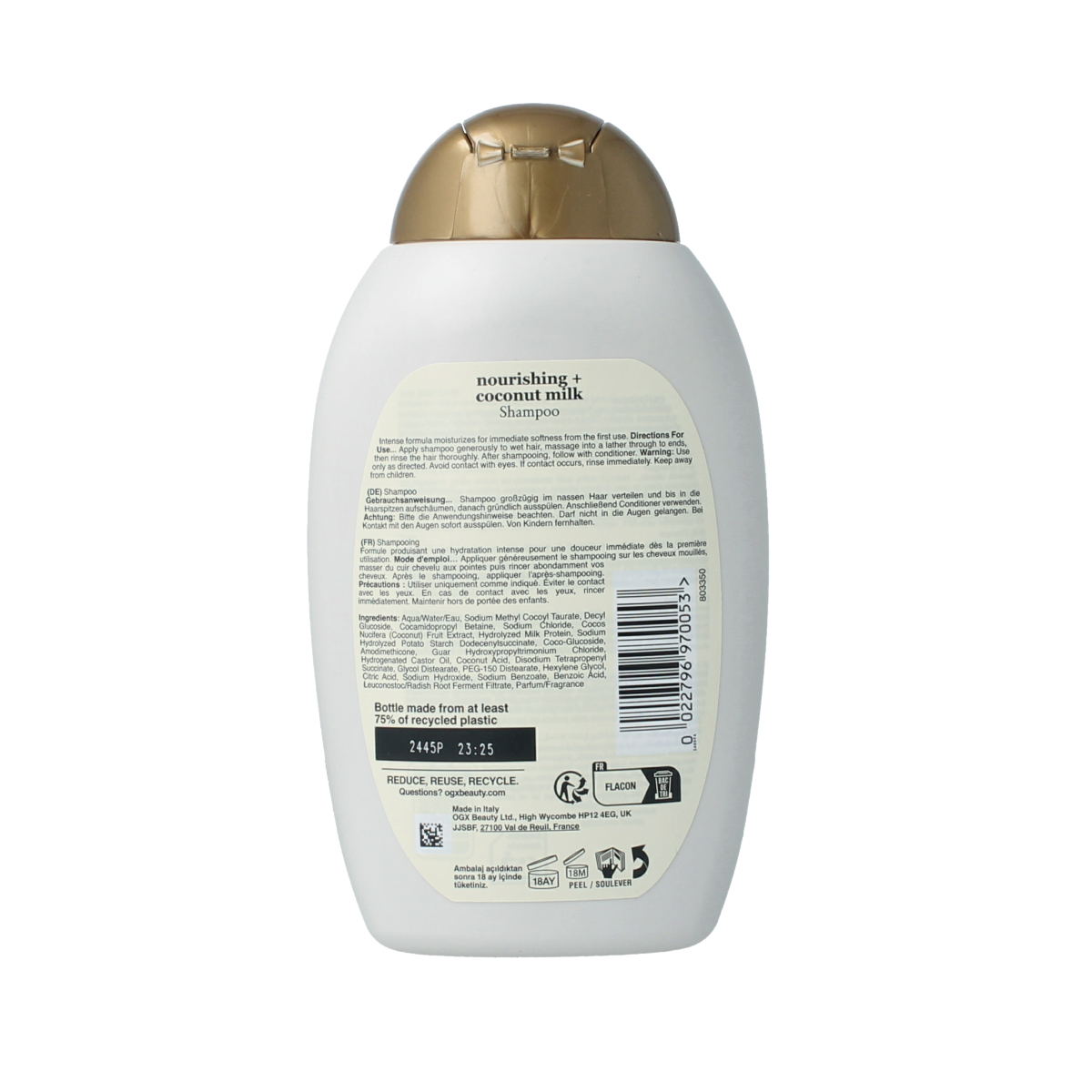 OGX nourishing coconut milk shampoo bottle, 385ml, for hair care and hydration, with a white and blue label.