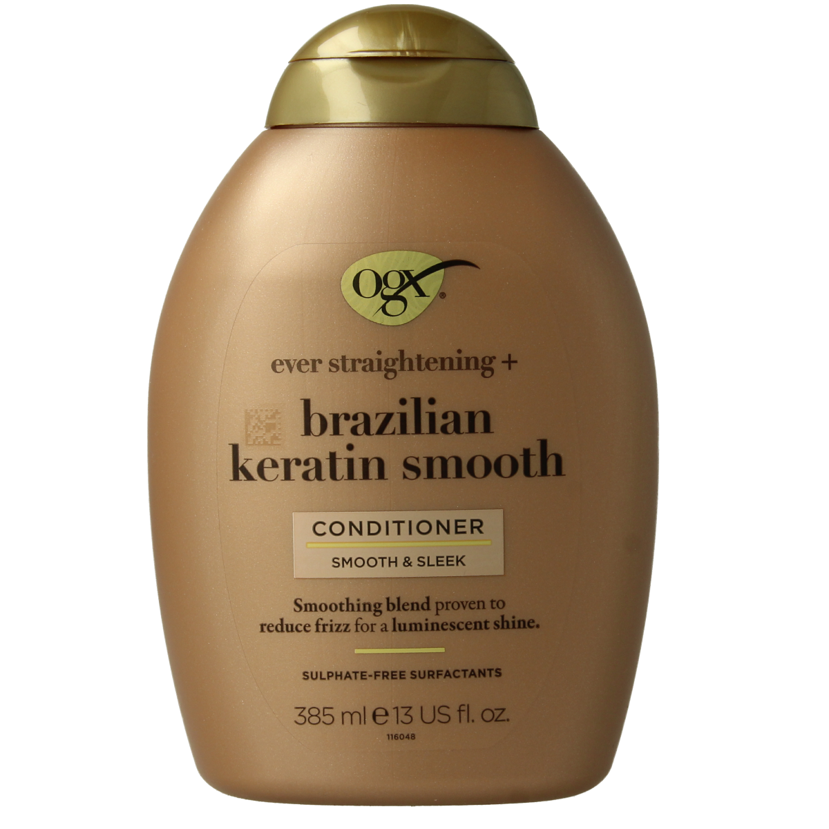 OGX Brazilian keratin smooth conditioner bottle, 385ml, with sleek packaging for hair care and smoothing treatment.