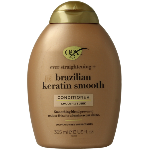 OGX Brazilian keratin smooth conditioner bottle, 385ml, with sleek packaging for hair care and smoothing treatment.