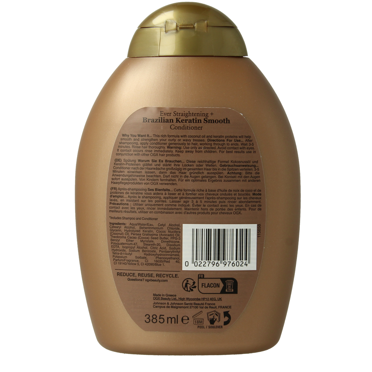 OGX Brazilian Keratin Smooth Conditioner bottle, 385ml, with sleek packaging and labeling, for hair care and smoothing.