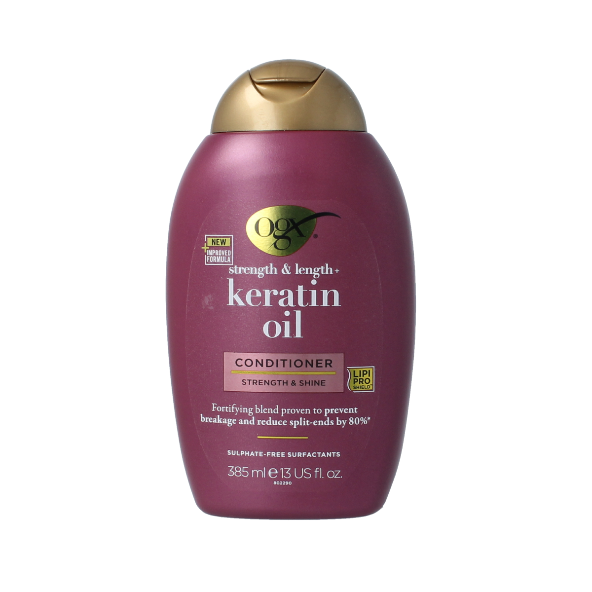 OGX Anti-Breakage Keratin Oil Conditioner in 385ml bottle, showing the product with label and pump dispenser for hair care.