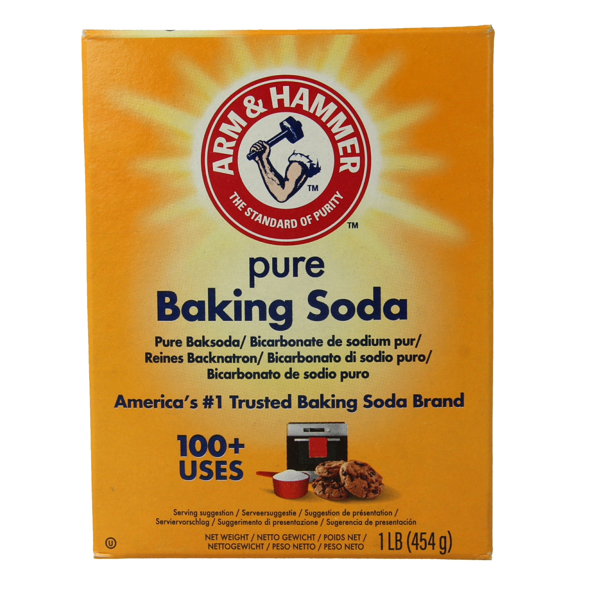 Arm & Hammer baking soda powder in a 454g container, used for baking and cleaning purposes.
