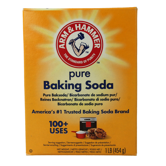 Arm & Hammer baking soda powder in a 454g container, used for baking and cleaning purposes.
