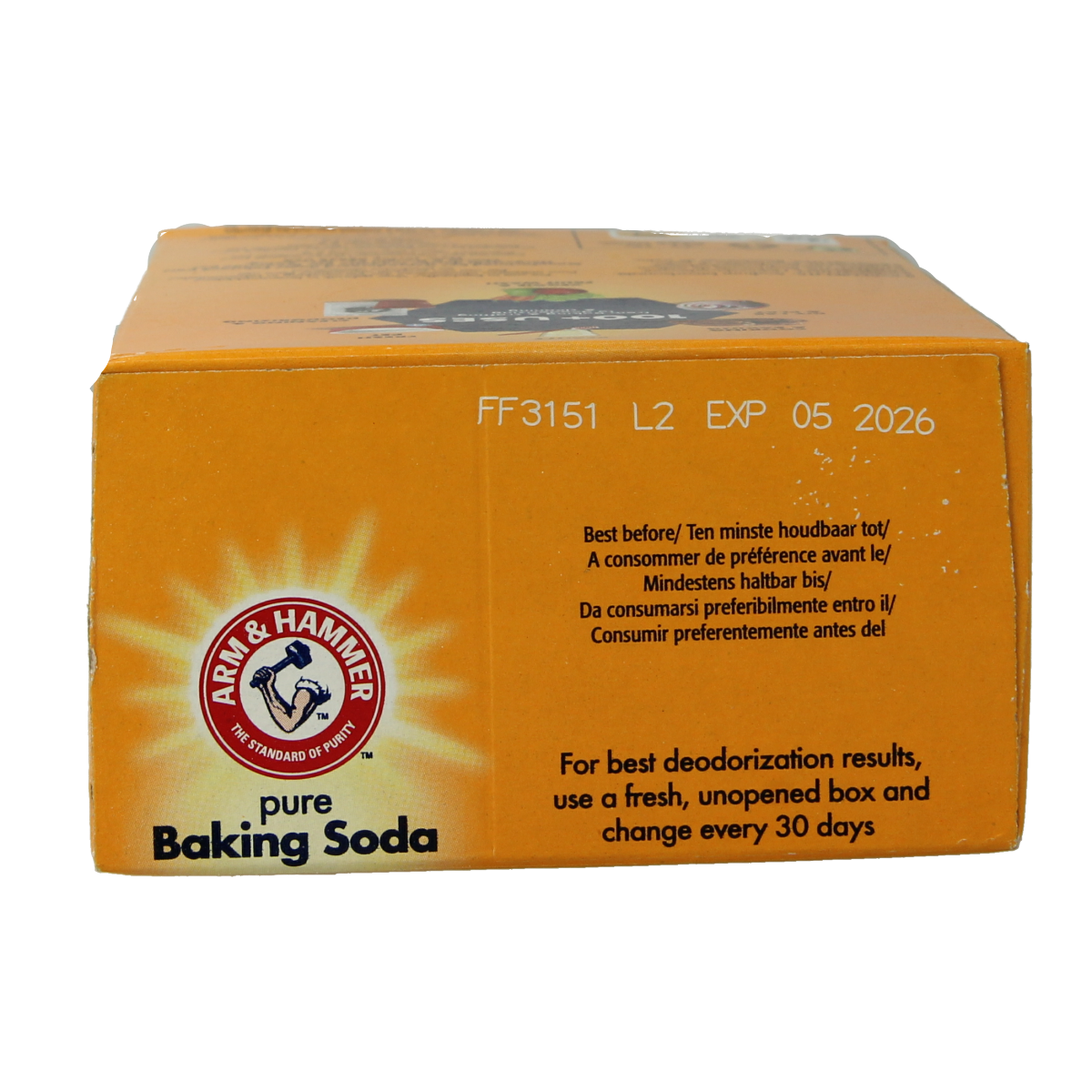 Arm & Hammer baking soda powder in a 454g package, used for baking and cleaning, shown in a clear image.