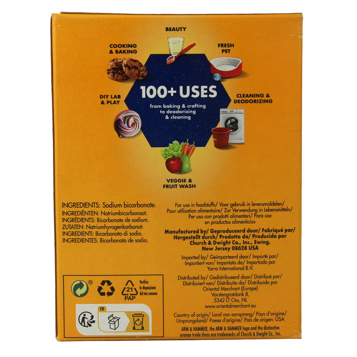 Arm & Hammer baking soda powder in a 454g package, natural leavening agent for baking and cleaning.