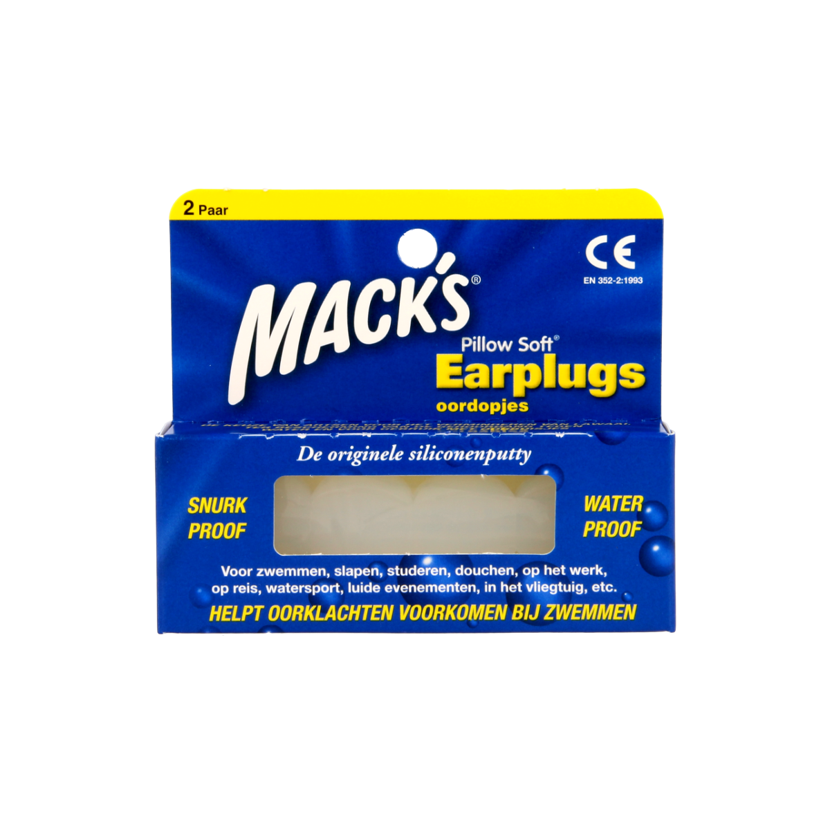 Macks Earplugs for hearing protection, set of 4, soft foam tips in a small plastic container.