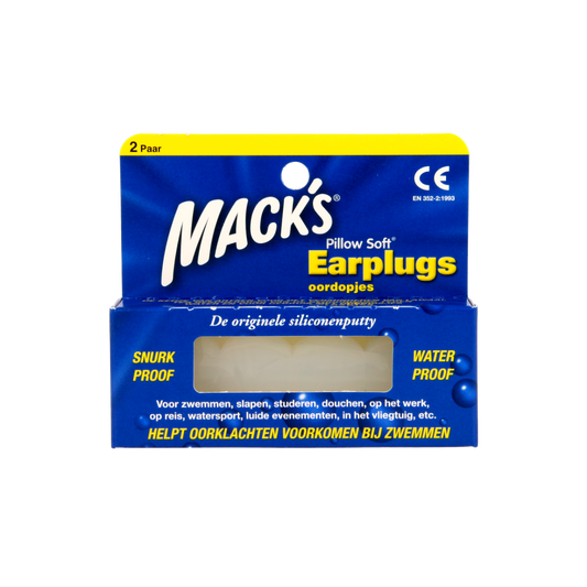 Macks Earplugs for hearing protection, set of 4, soft foam tips in a small plastic container.