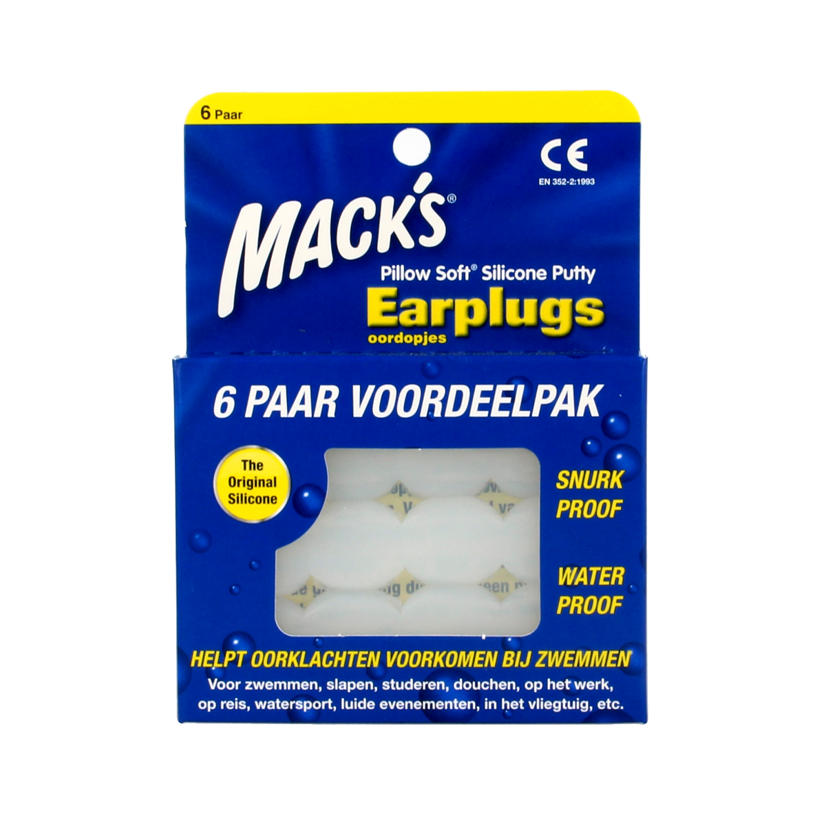Macks earplugs for hearing protection, set of 6 pairs, soft foam tips designed to reduce noise and protect hearing.