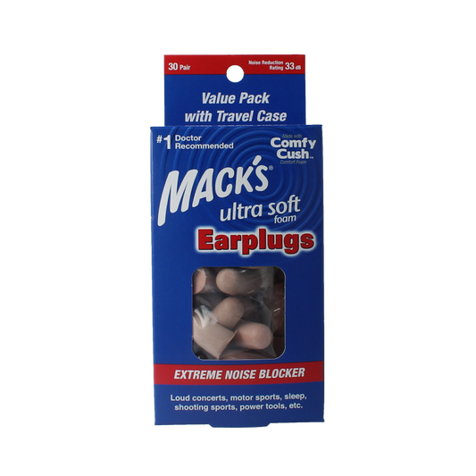 Macks Safesound Ultra hearing protection earmuffs in black with padded ear cushions, designed for noise reduction.