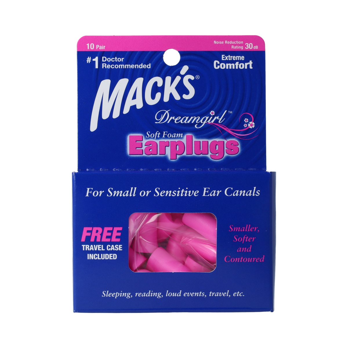 Macks Dreamgirl foam ear protection earplugs for noise reduction, shown in a close-up image.