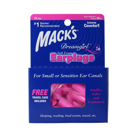 Macks Dreamgirl foam ear protection earplugs for noise reduction, shown in a close-up image.