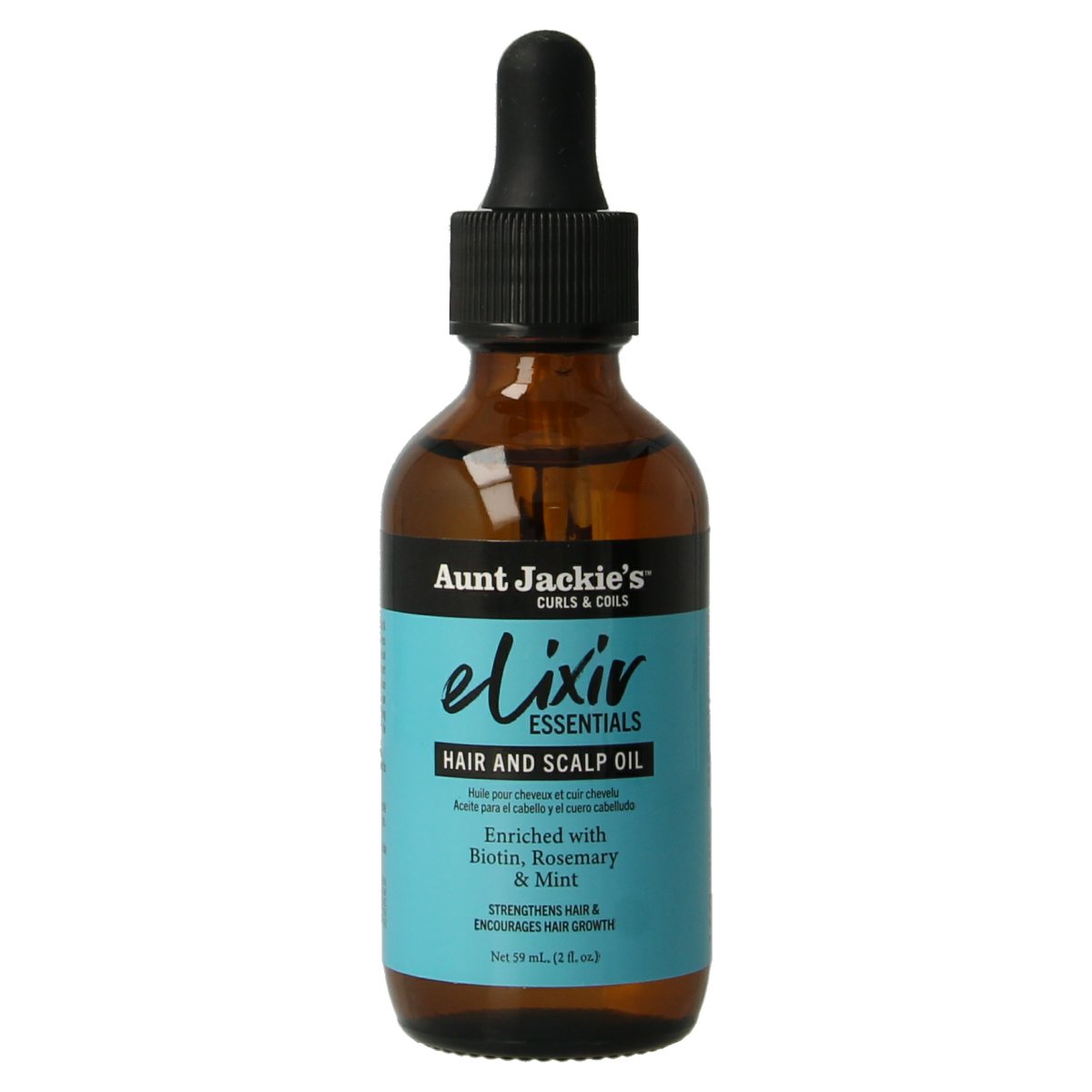 Aunt Jackie's Elixer biotin hair care product in a 59ml bottle, designed to boost hair health and growth.