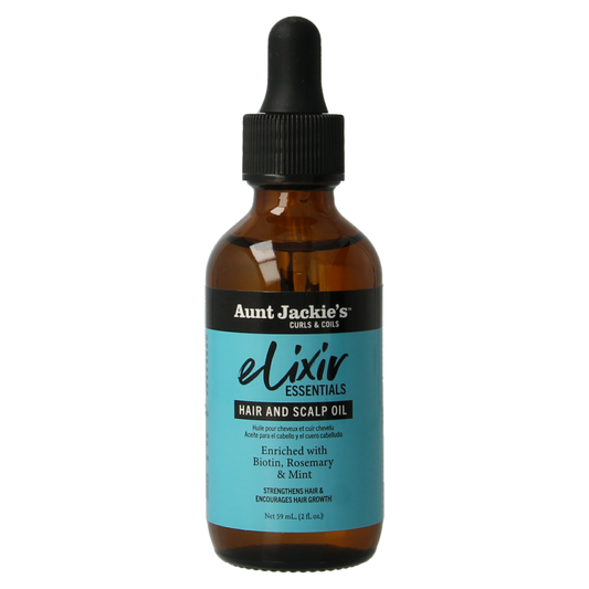 Aunt Jackie's Elixer biotin hair care product in a 59ml bottle, designed to boost hair health and growth.