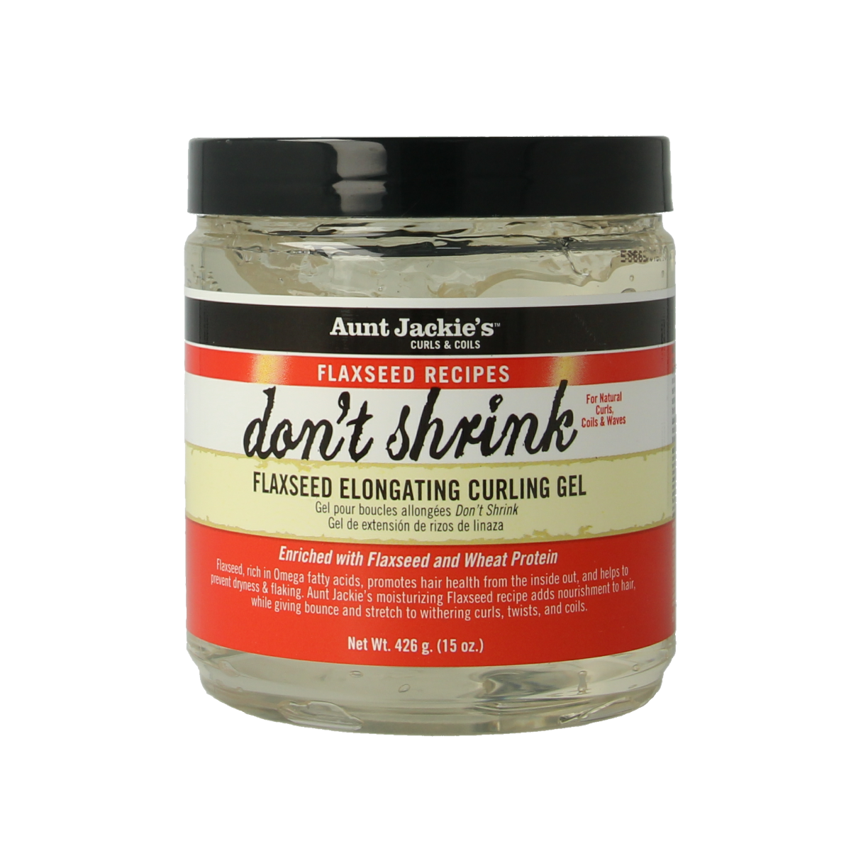 Aunt Jackie's Curl Gel Flaxseed hair styling gel in 426g jar, showcasing the product with a clear label and lid.