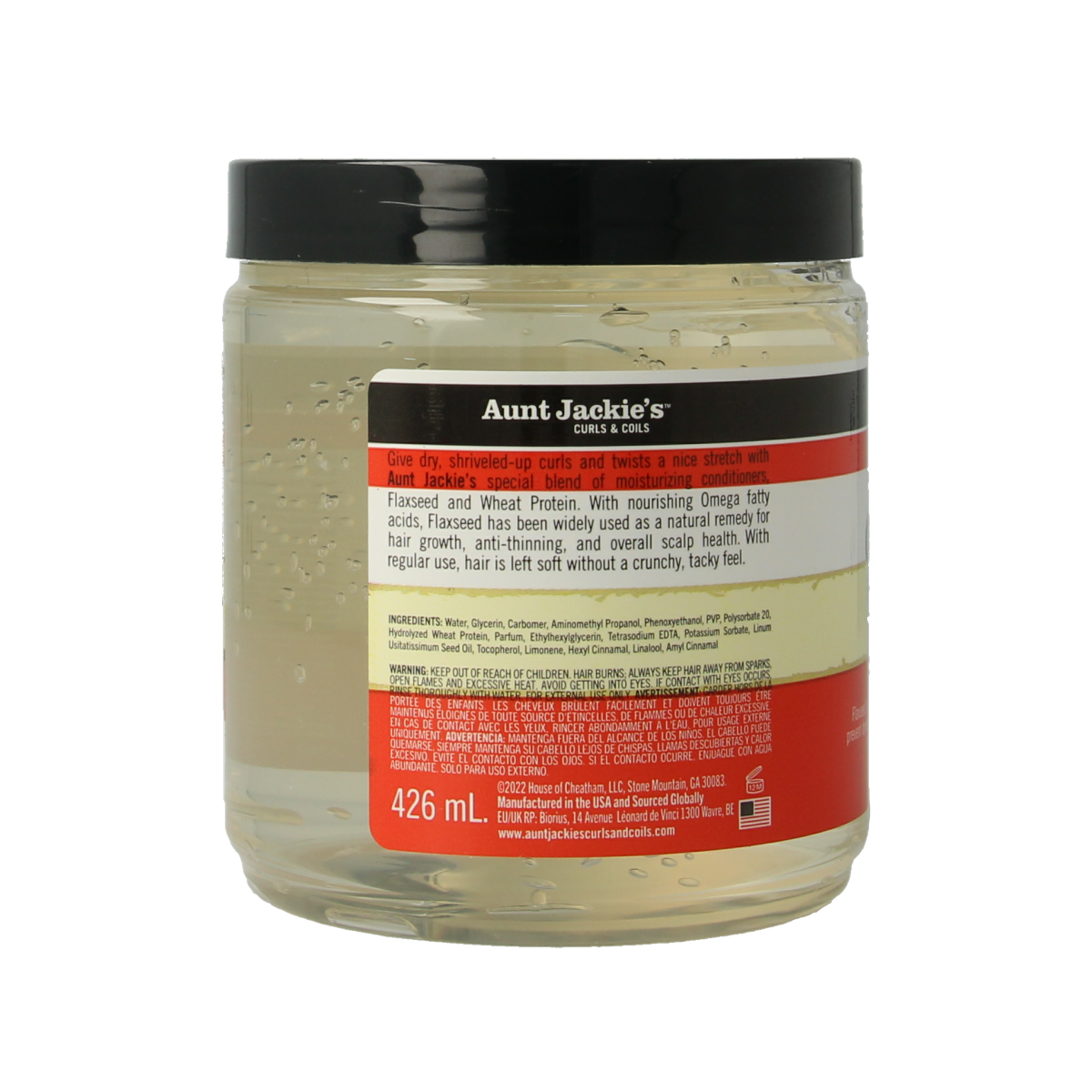 Aunt Jackie's Curl Gel with Flaxseed in a 426g jar, perfect for defining and styling curly hair.