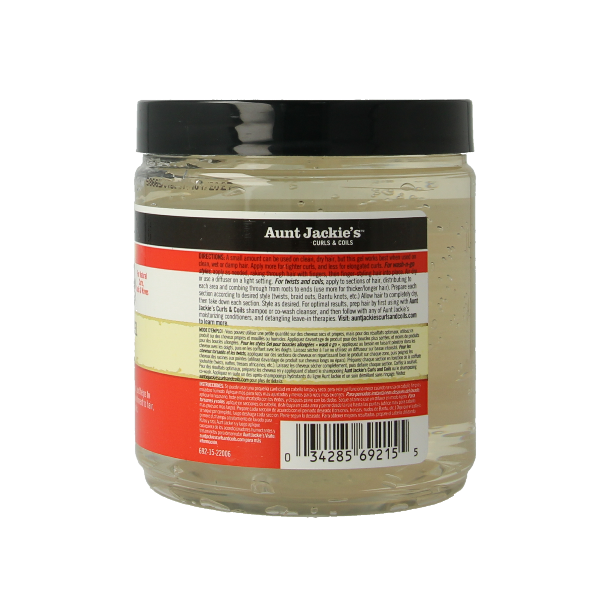 Aunt Jackie's Curl Gel Flaxseed, 426g, hair styling gel with flaxseed for curl definition, in a clear jar with a white lid.