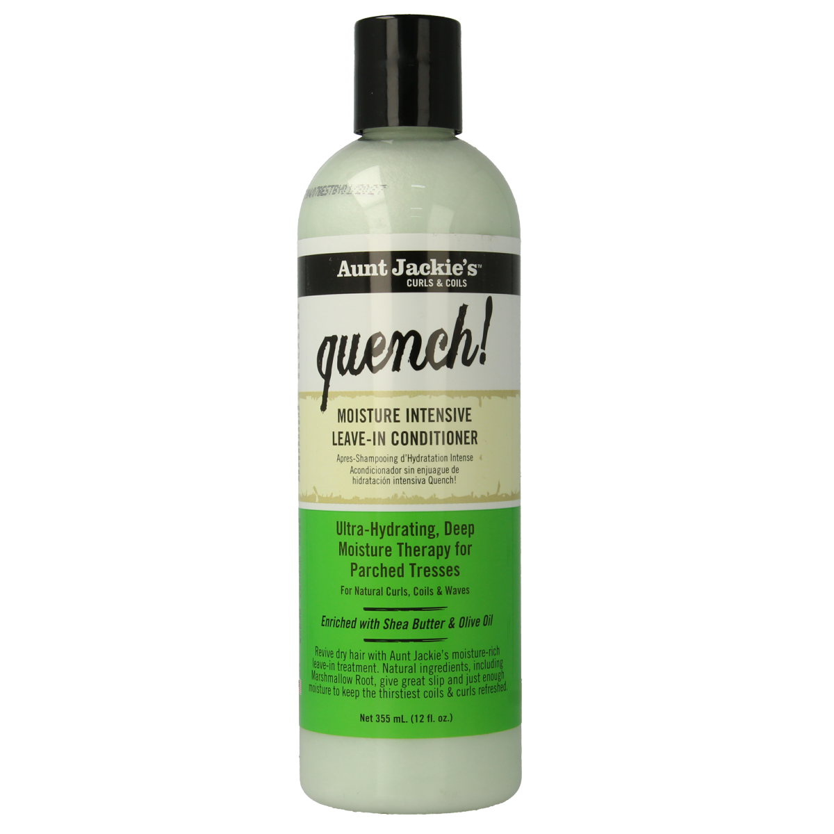 Aunt Jackie's Quench Conditioner 355ml bottle, hair care product for nourishing and moisturizing hair, displayed against a neutral background.
