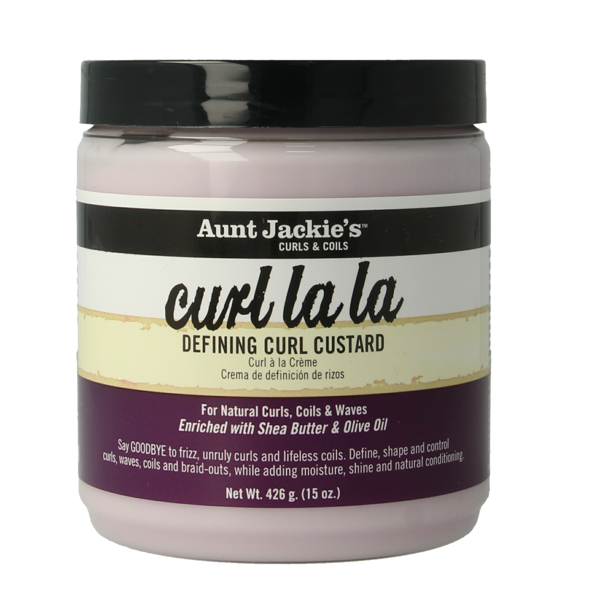 Aunt Jackie's Curl lala custard in a 430ml jar, a hair care product for curly hair styling and moisture.